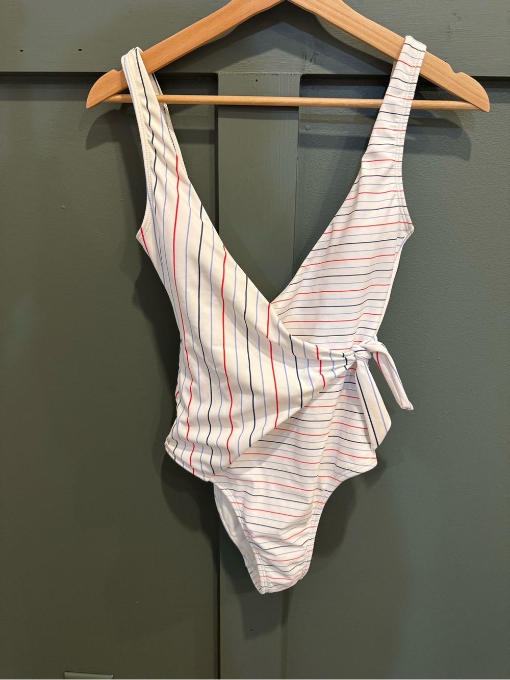 Striped Wrap One-Piece Swimsuit in White with Red & Blue Stripes